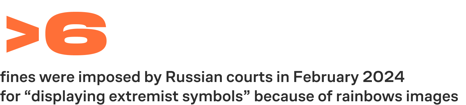 At least 6 fines were imposed by Russian courts in February 2024 for “displaying extremist symbols” because of rainbows images